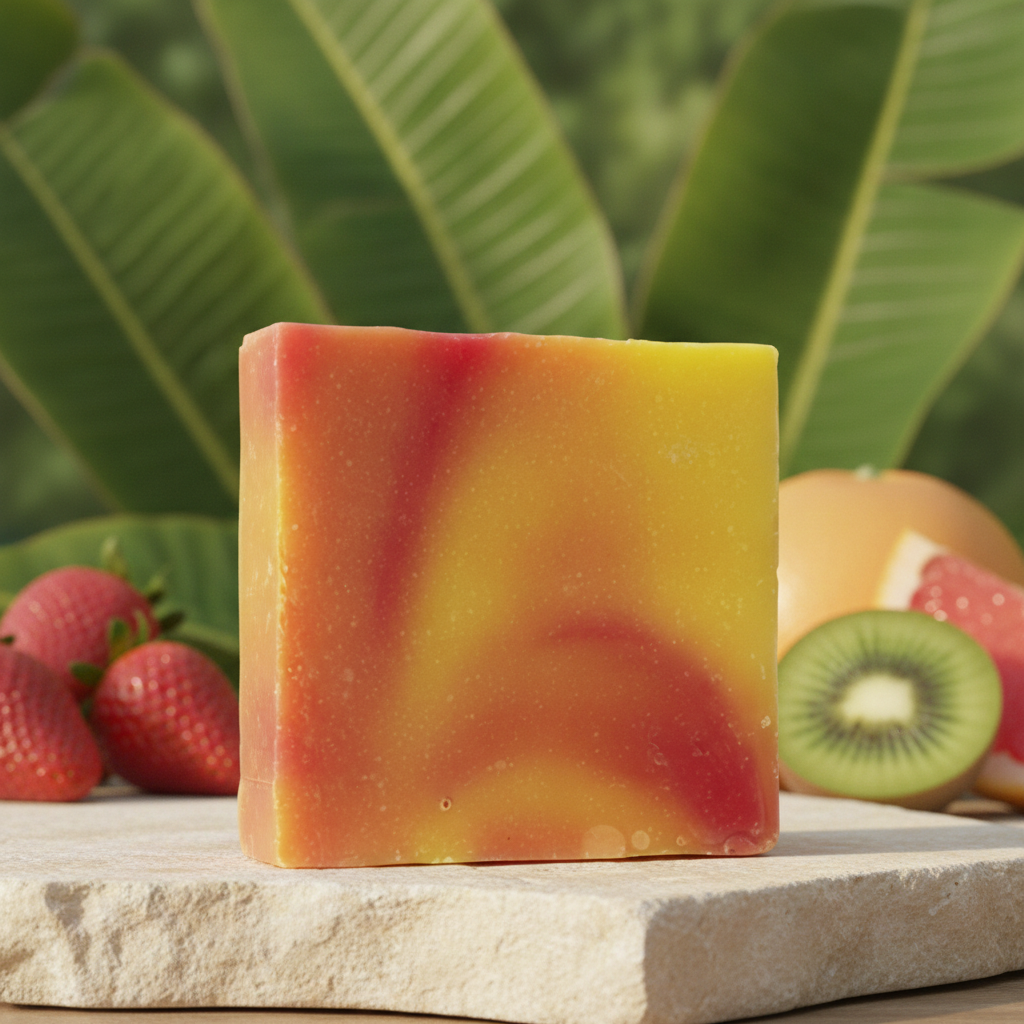 Monkey Farts Soap Bar displayed with tropical leaves, banana, strawberry, and kiwi fruit accents.
