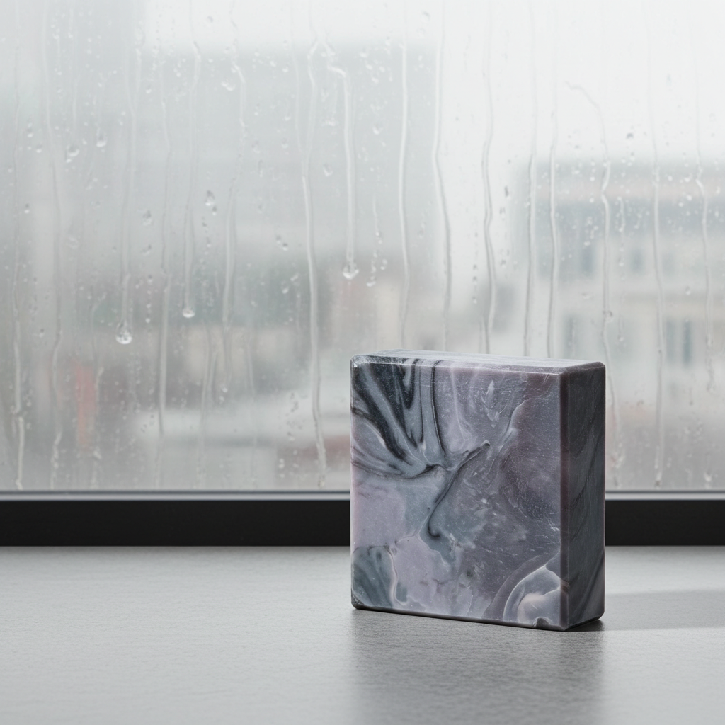 Storm Over the Sahel handmade soap bar by a rain-covered window with a calm fresh-after-storm feel