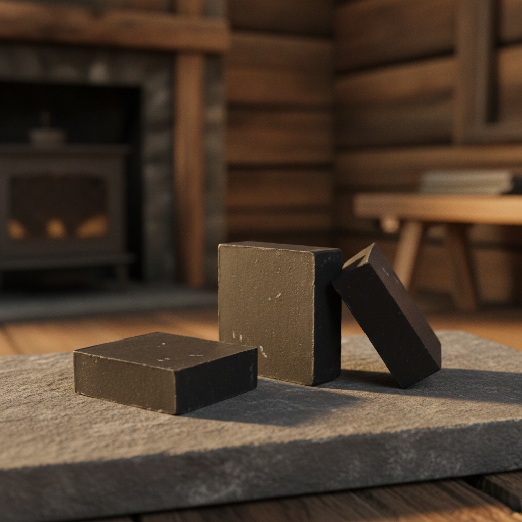 Pine Tar Soap Bars arranged on a stone surface in a rustic cabin-style setting.