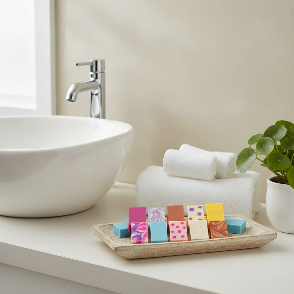 Colorful handmade mini soap samples arranged on a tray beside a modern bathroom sink