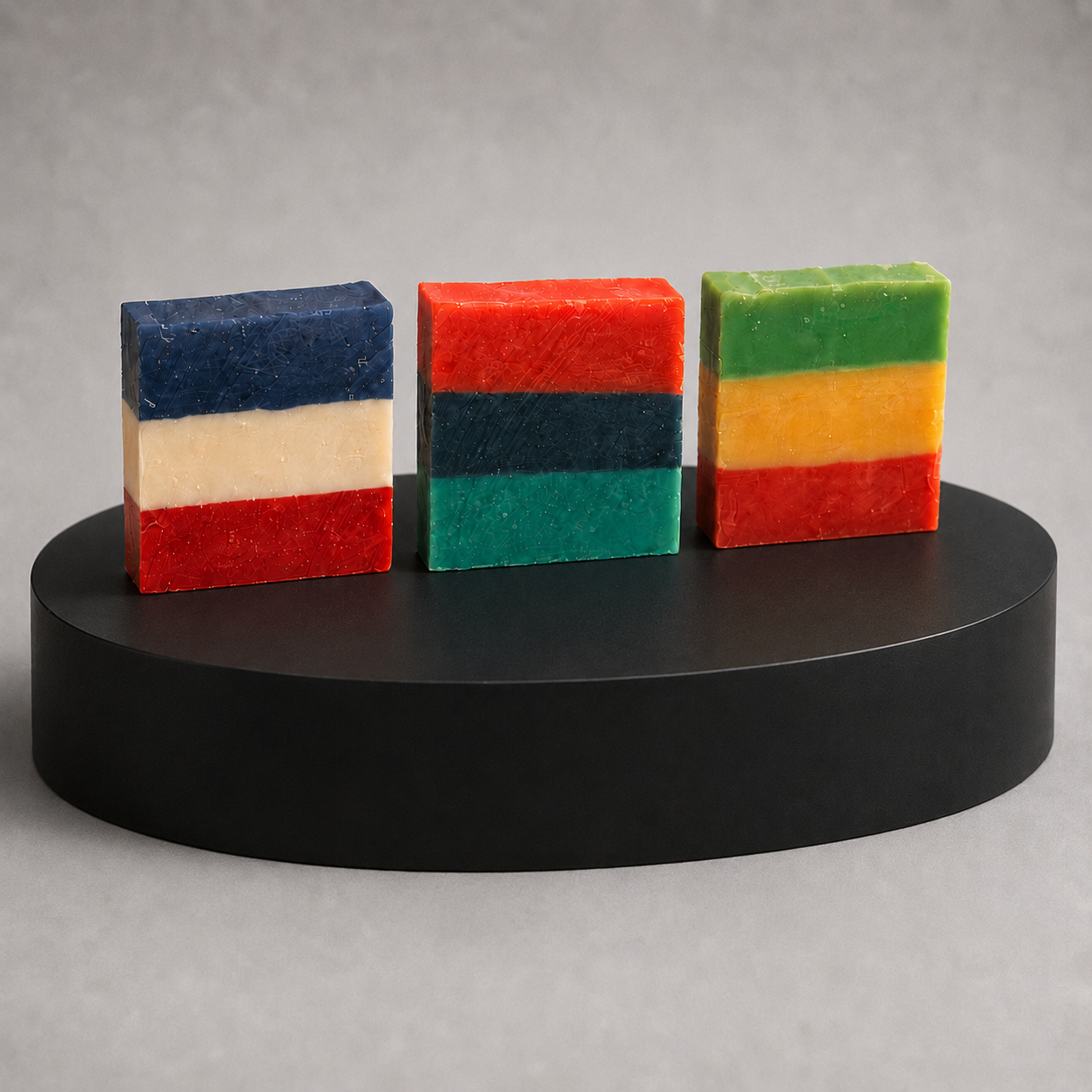 Three Heritage Line soap bars displayed on a black pedestal for The Heritage Trifecta Shower Set.