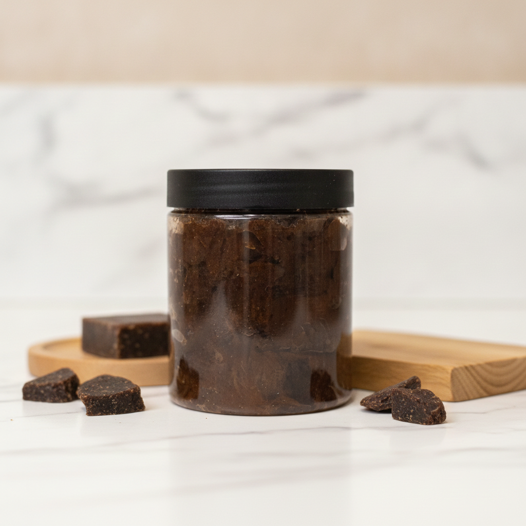 8 oz Raw African Black Soap Paste jar beside soap pieces and a wooden scoop on a marble counter.