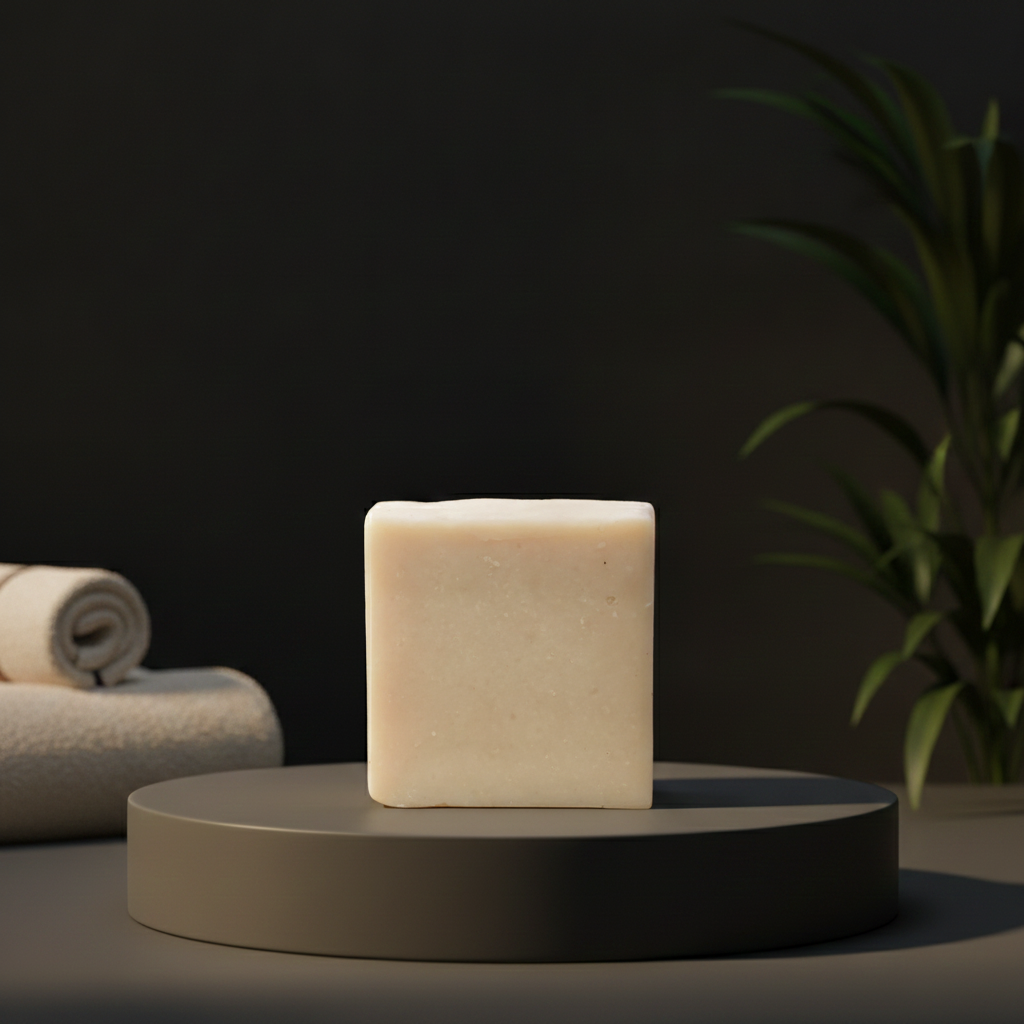 Unscented Goat’s Milk Facial Soap on a dark pedestal beside rolled towels and greenery in a moody spa setting.