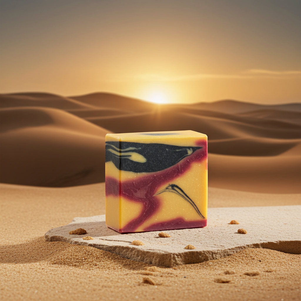 Nubia Soap bar with yellow, red, and black swirls on a stone slab in desert sand at sunrise.