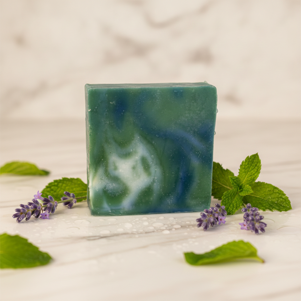 Lavender Mint Soap Bar displayed with mint leaves and lavender sprigs on a light marble surface.