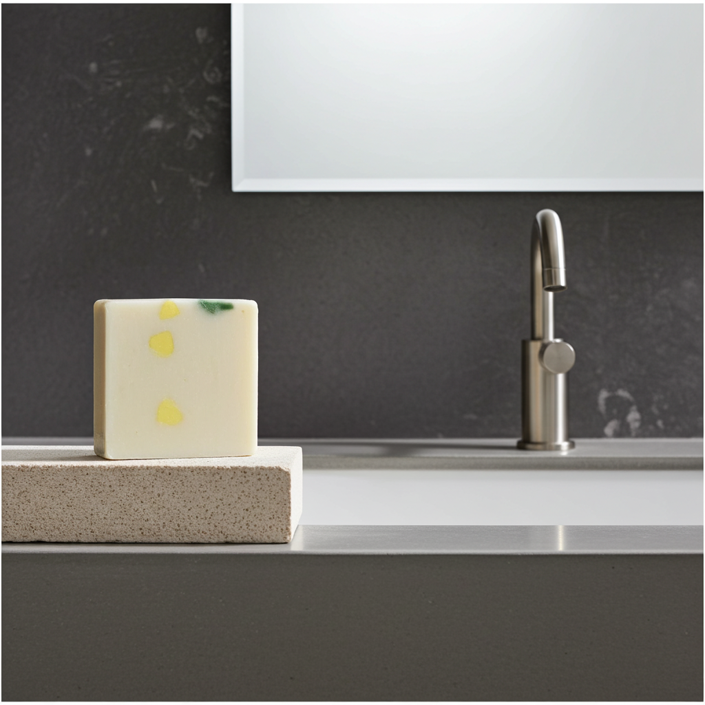Mercado Verde handmade soap bar beside a modern sink in a clean bright bathroom setting