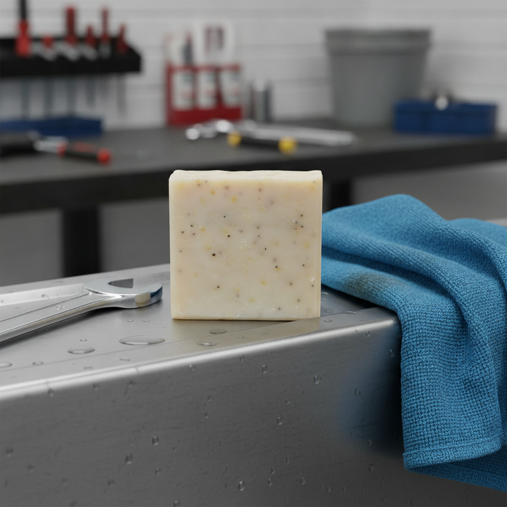 Mechanic’s Soap Bar on a workshop surface beside a blue towel, wrench, and garage tools.