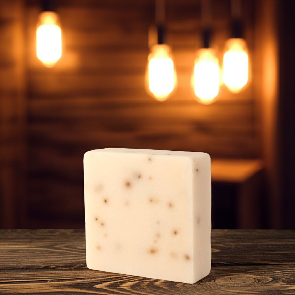 A close-up product shot of The White Line by Mama Aswan Unscented Goat’s Milk Facial Soap showing the smooth bar and oatmeal flecks that give it gentle exfoliating appeal.