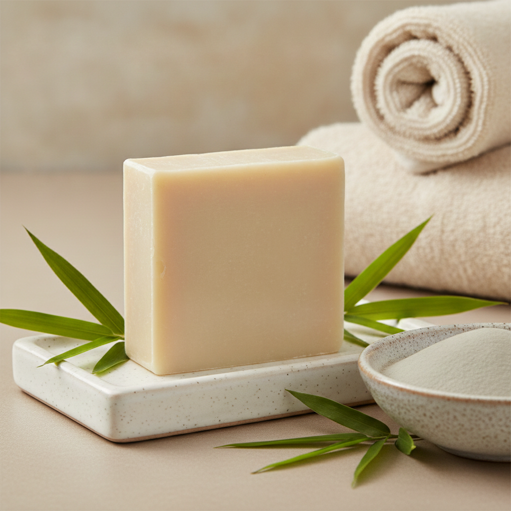 Bamboo Mud Soap Bar on a white tray with bamboo leaves, a bowl of clay, and rolled towels.