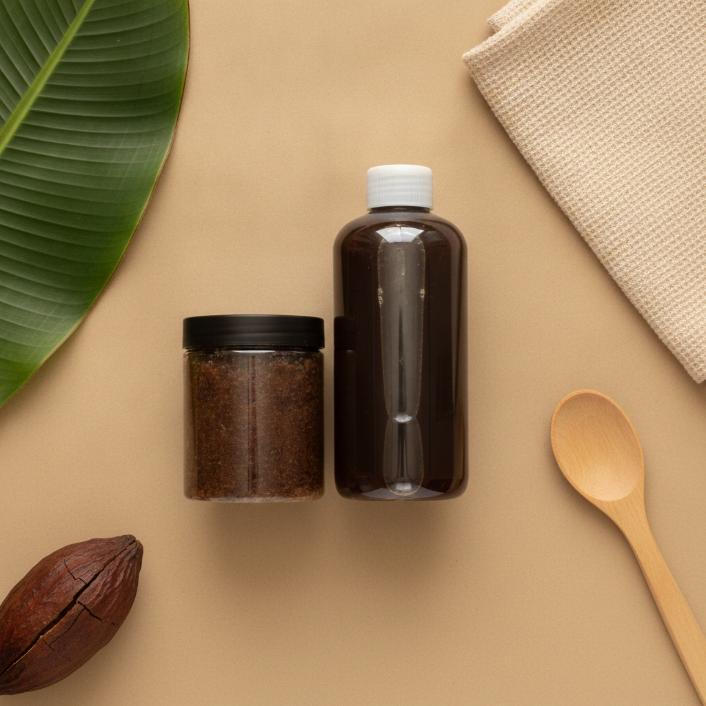 Top-down view of the Black Soap Two Ways duo with a wooden spoon, folded cloth, green leaf, and cocoa pod.