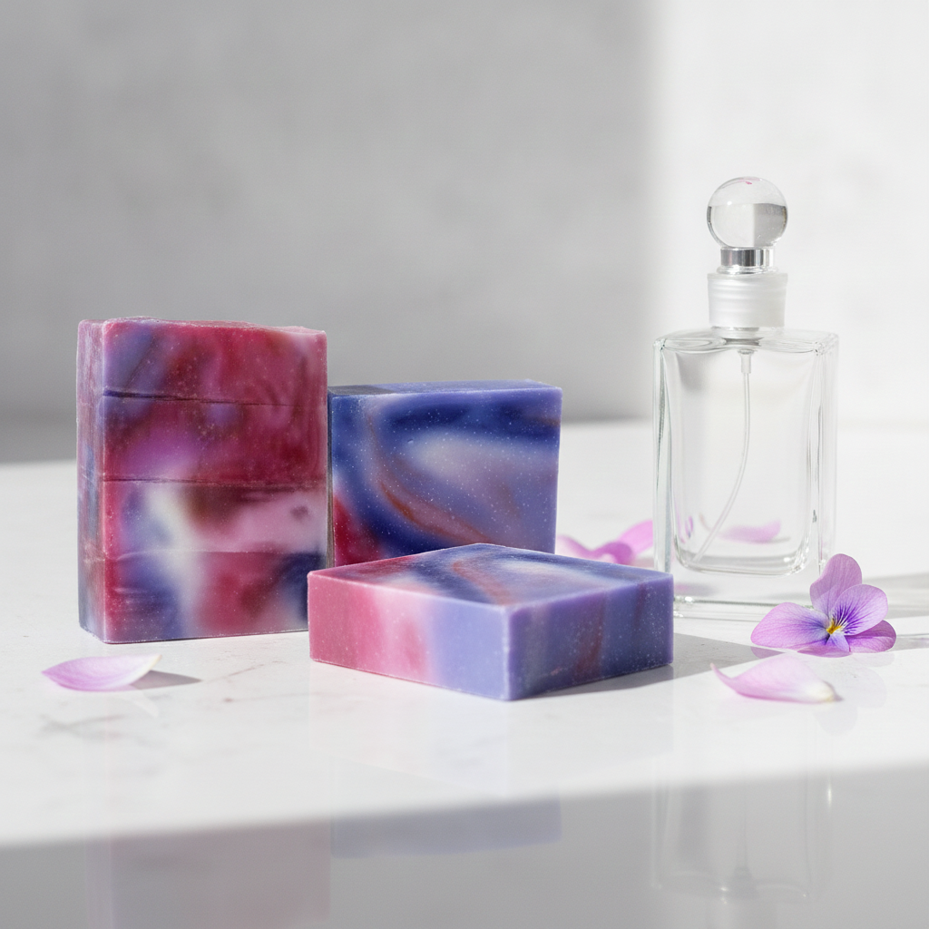 Wild Passion Soap Bars on a marble surface beside a clear perfume bottle and flower petals.
