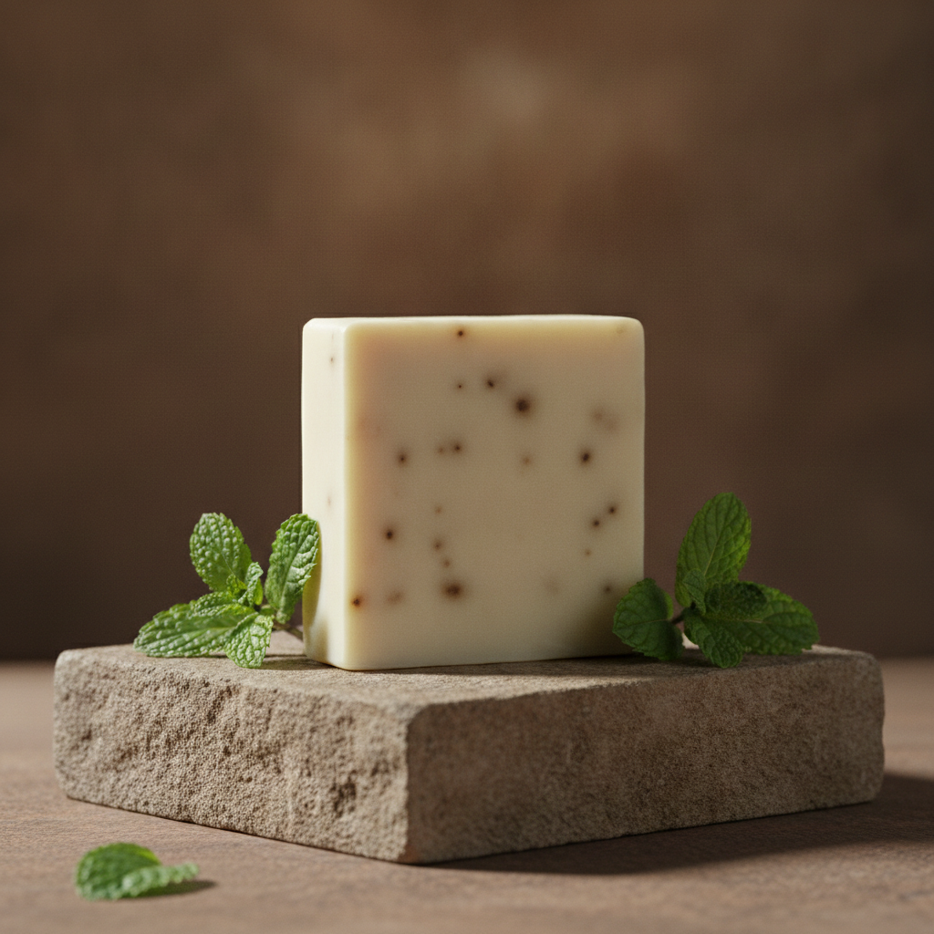 Peppermint Soap Bar on a stone pedestal with fresh mint leaves and a warm brown background.