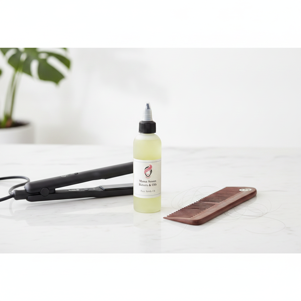 4oz Scalp Oil bottle on a white counter beside a flat iron and wooden comb.