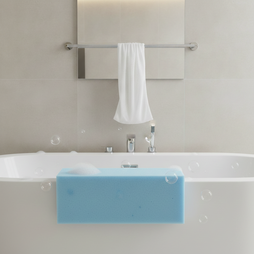 Super Size Sapo sponge hanging over a bathtub in a modern bathroom.