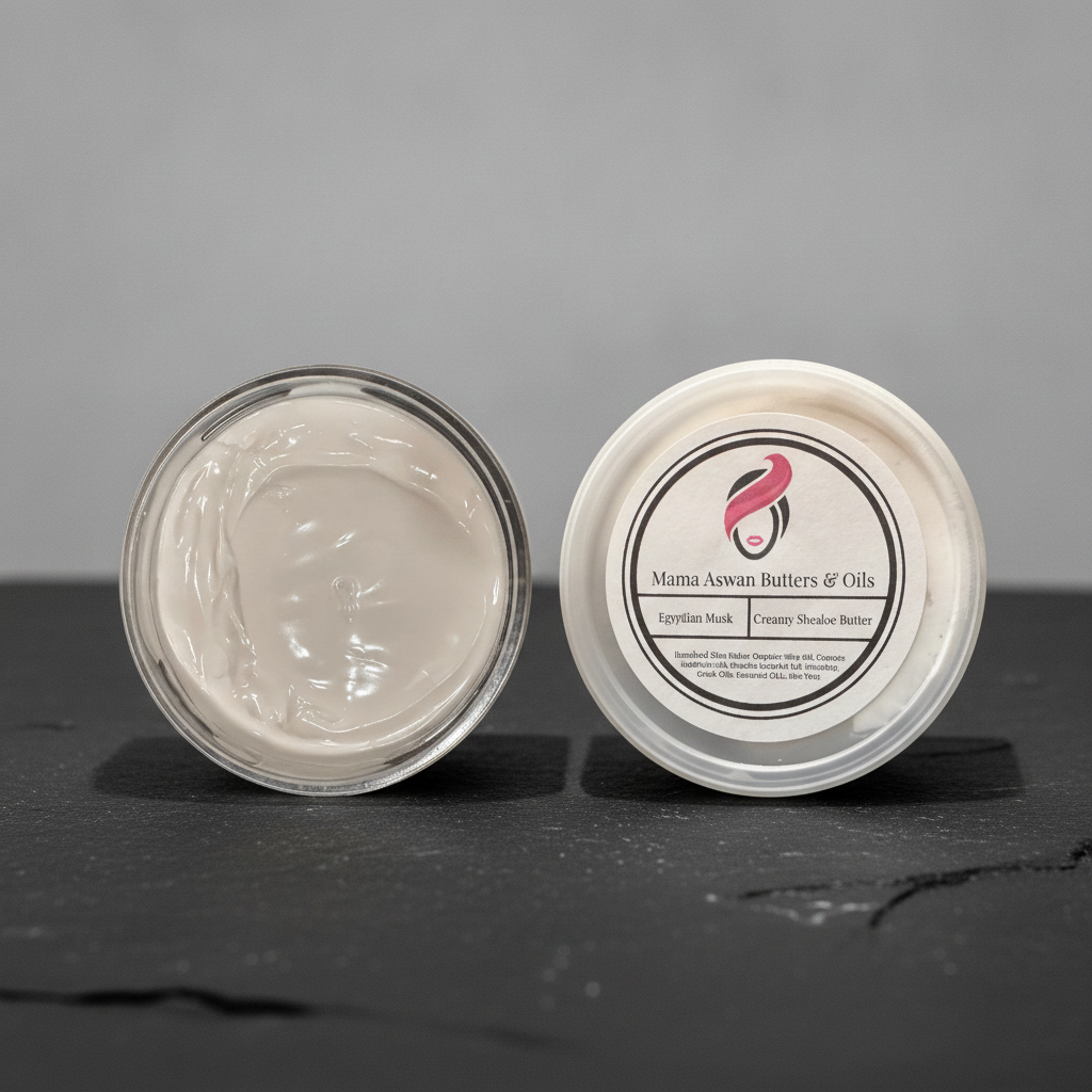 Open Creamy Whipped Shealoe Butter beside the labeled lid on a dark stone surface.