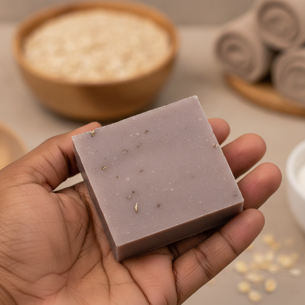Oatmeal Milk & Honey Soap Bar held in a hand near a bowl of oats and rolled towels.