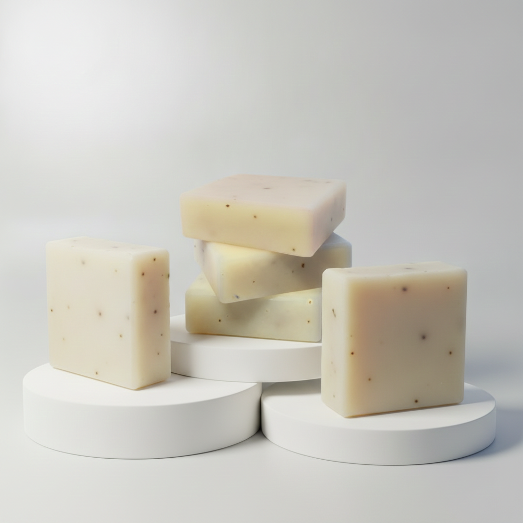 Spearmint Rosemary Soap Bars displayed on white pedestals with a soft gray background.
