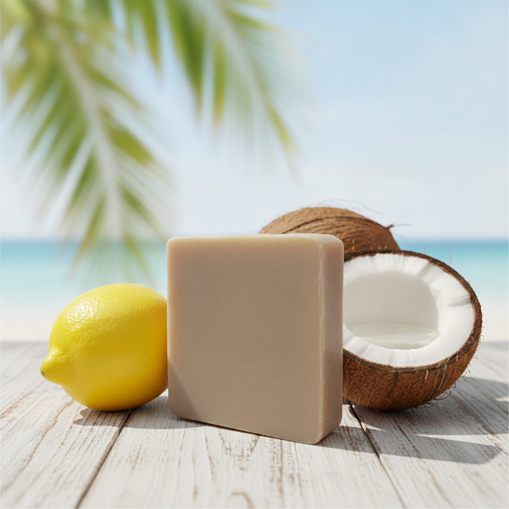 Lemon Coconut Soap Bar displayed with a lemon and open coconut in a tropical beach setting.