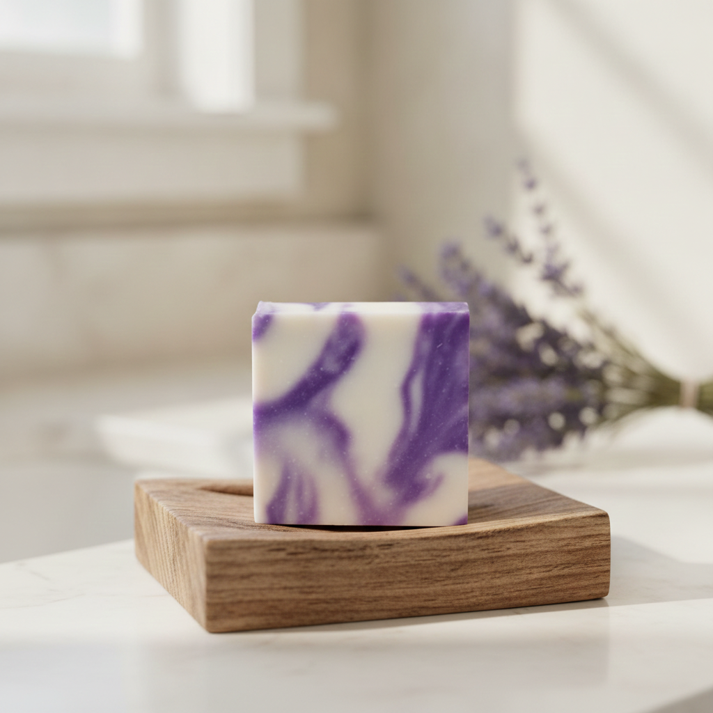 Lavender Soap Bar in a wooden soap dish with lavender flowers and soft window light.