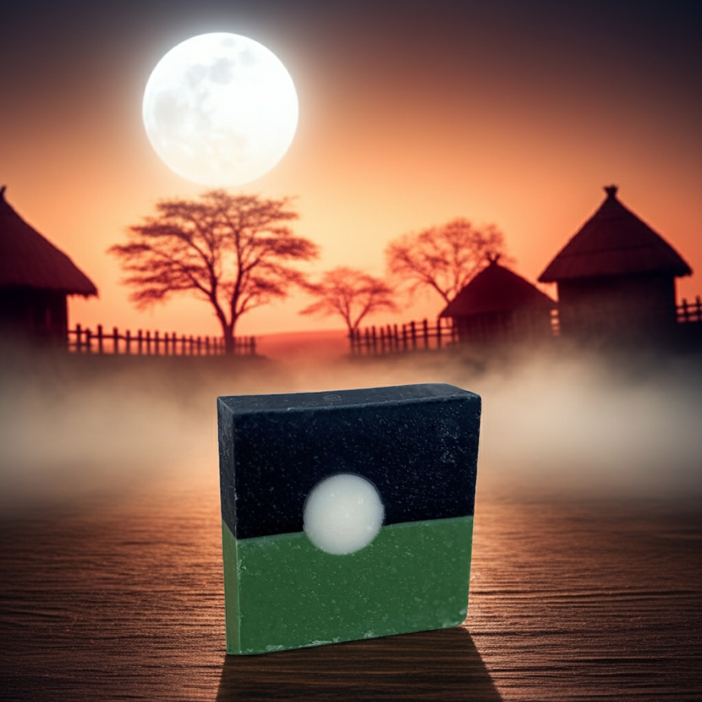 Only the Moon Above Heritage Line soap bar in a moonlit scene with village silhouettes and warm glowing sky