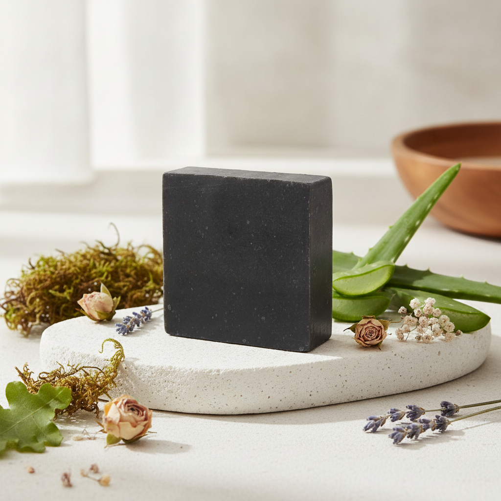 Black Soap Bar on a white stone with aloe, moss, dried flowers, and soft bathroom lighting.