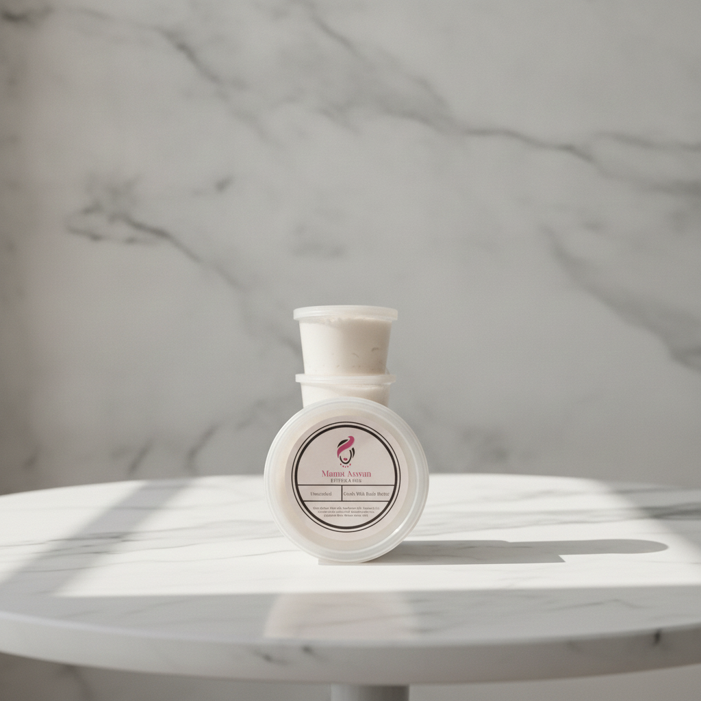 Unscented Goat’s Milk Body Butter on a white marble table with soft window shadows.