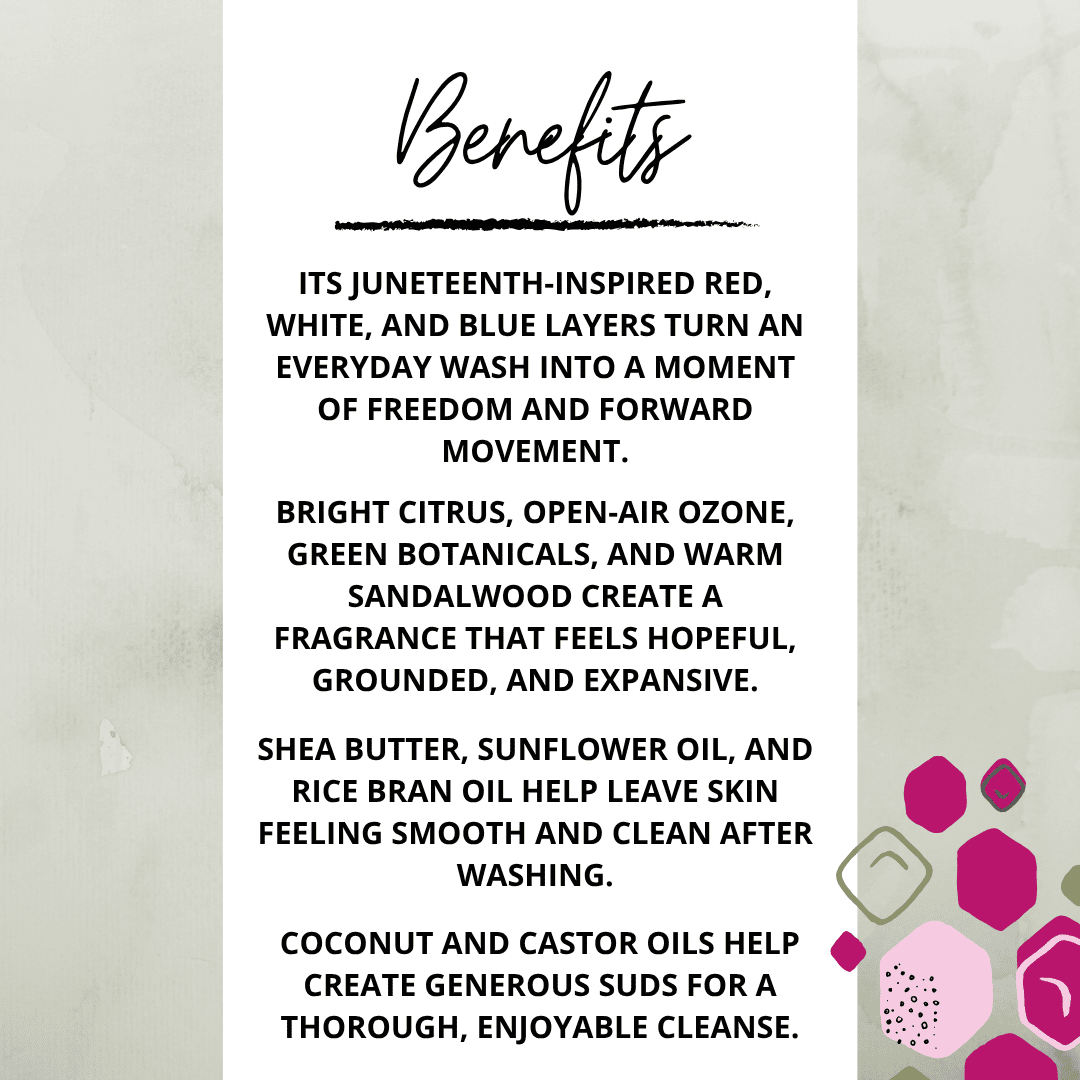 Benefits of No Longer Bound soap, including its Juneteenth-inspired design, unisex fragrance, plant-based oils, and rich lather