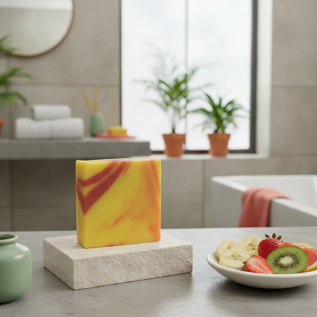 Monkey Farts Soap Bar on a stone pedestal in a bright bathroom with sliced fruit on a plate.