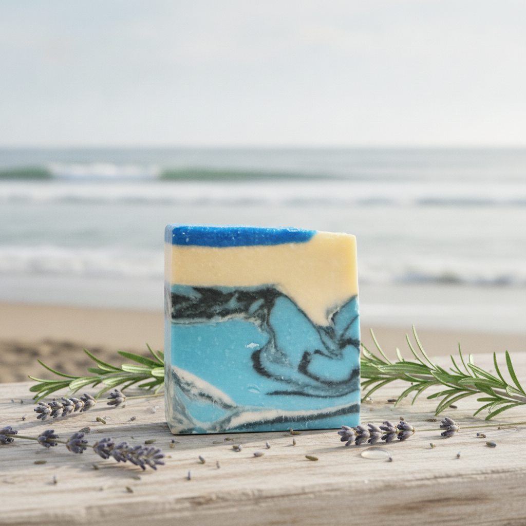 Lowcountry Blue soap bar on a beachside surface with rosemary, lavender, and soft ocean waves in the background