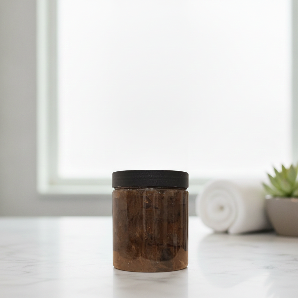 8oz Raw African Black Soap Paste jar on a bright bathroom counter with towels and plant in the background.
