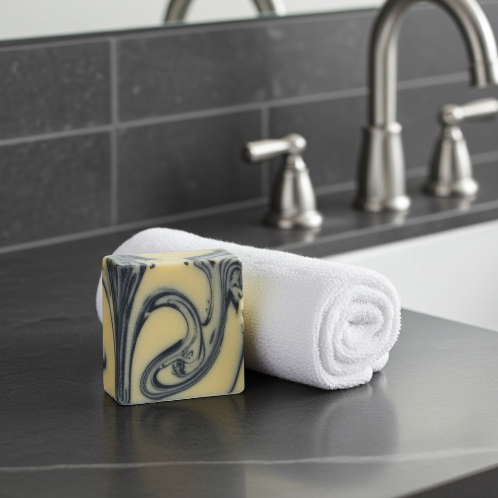 Sapeur Swagger handmade soap bar beside a white towel near a bathroom sink in a polished grooming setting