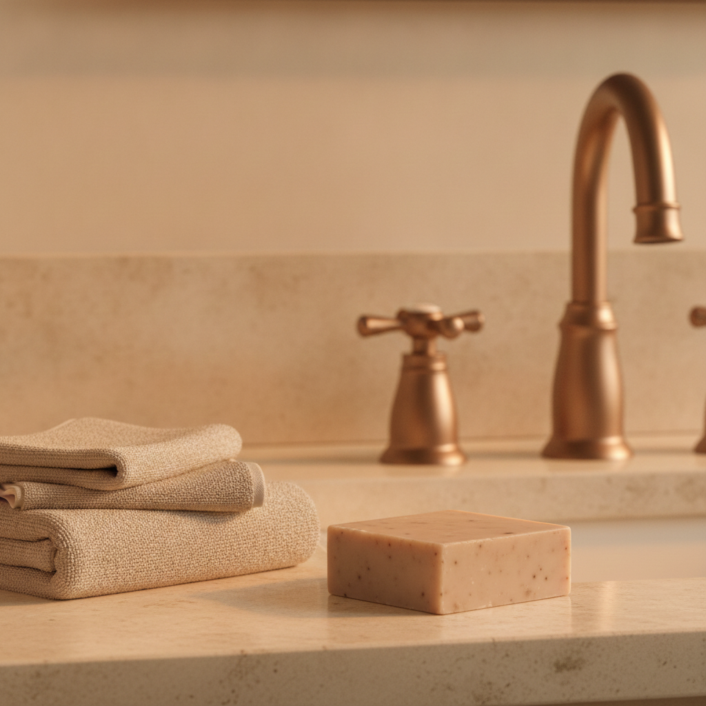 Oatmeal Spice Soap Bar on a bathroom counter beside folded towels and bronze faucet.