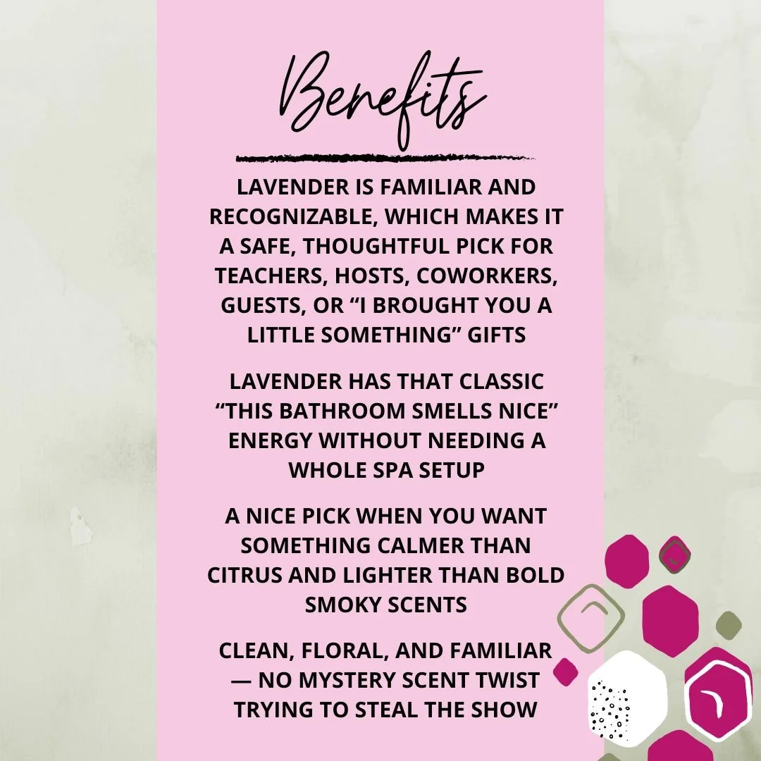 Benefits graphic for Lavender Soap Bar highlighting classic lavender scent, gift-friendly appeal, softer shower mood, and clean floral fragrance.