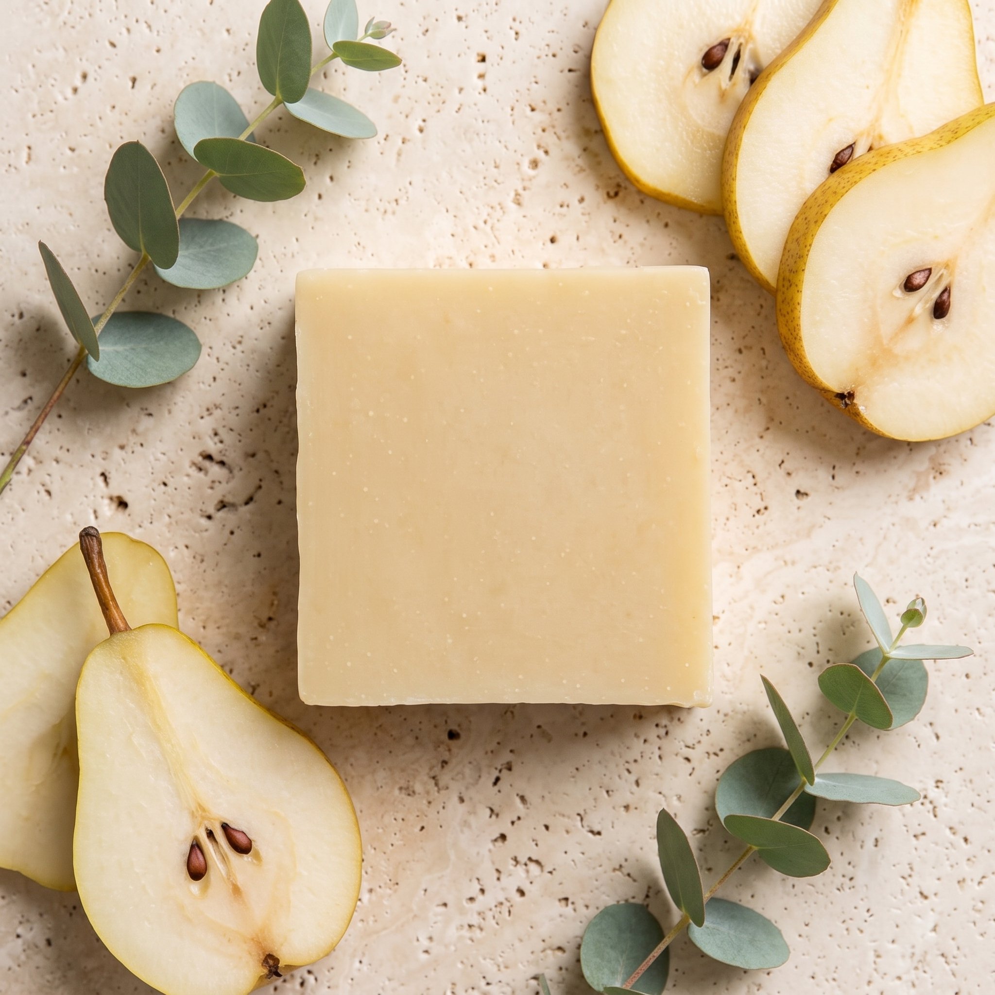 French Pear Soap Bar shown from above with sliced pears and eucalyptus-style leaves on a stone surface.