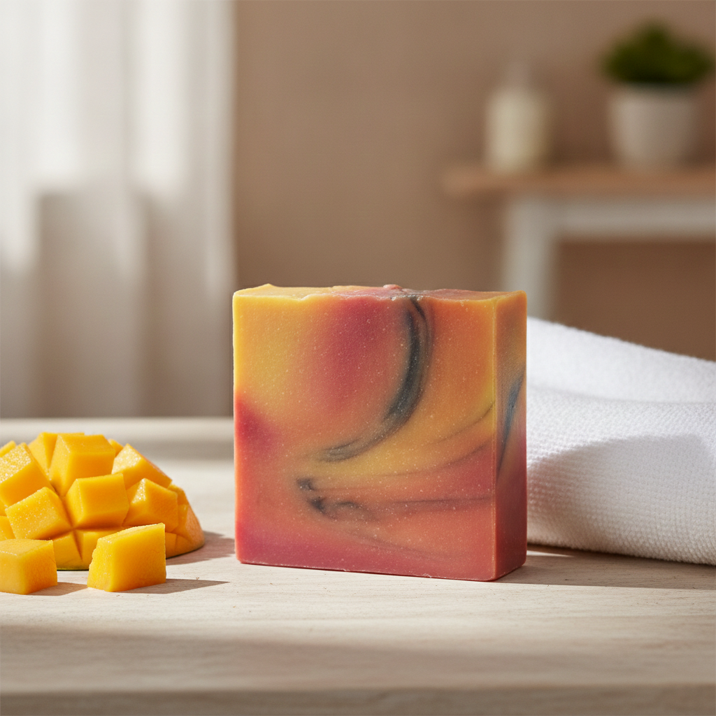Mango Delight Soap Bar on a bathroom counter with fresh mango cubes and folded white towel.