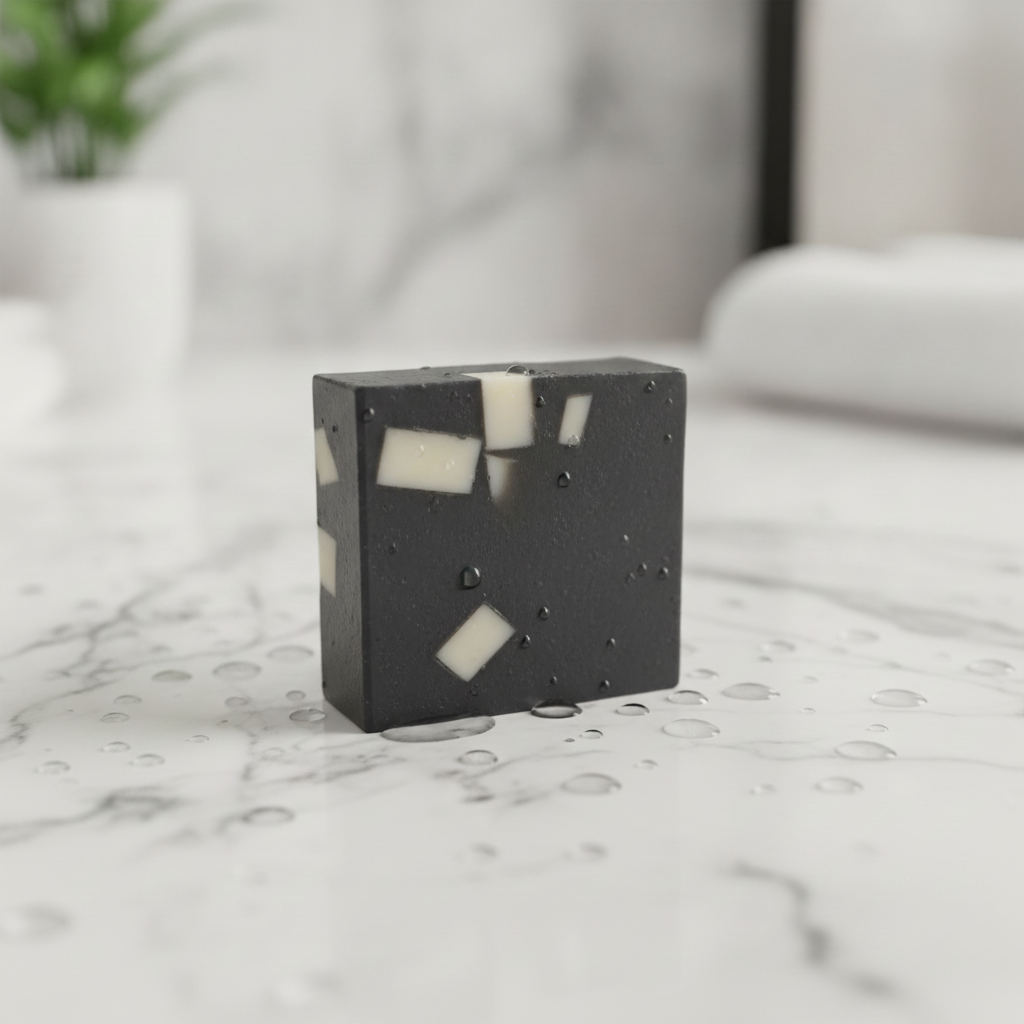 Charcoal Aloe Soap Bar on a wet marble surface with water droplets.