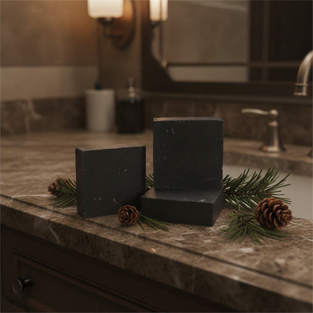 Pine Tar Soap Bars on a bathroom counter with pine branches and pinecones.