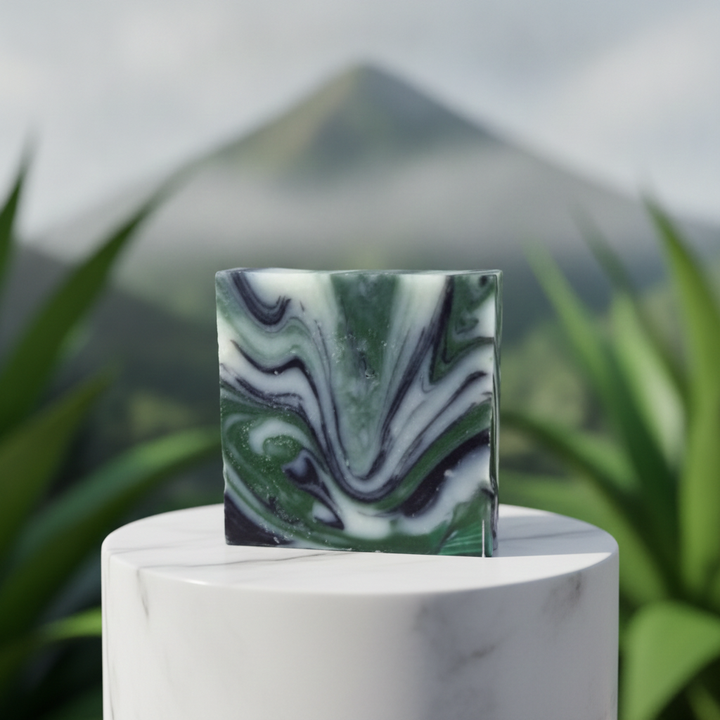 Mountain Air Soap Bar displayed on a white pedestal with greenery and a misty mountain background.