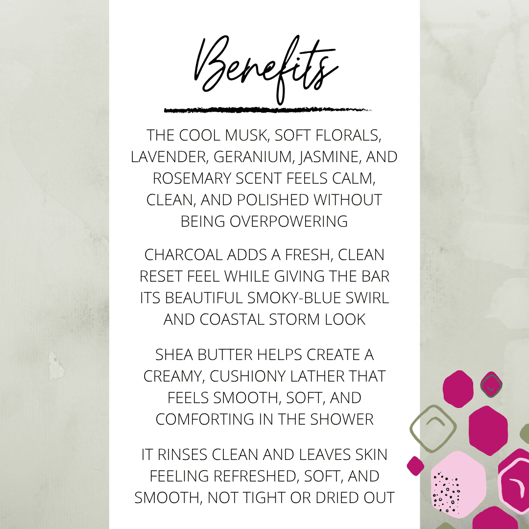 Benefits graphic for Lowcountry Blue soap featuring cool musk, soft florals, charcoal, shea butter, and creamy lather