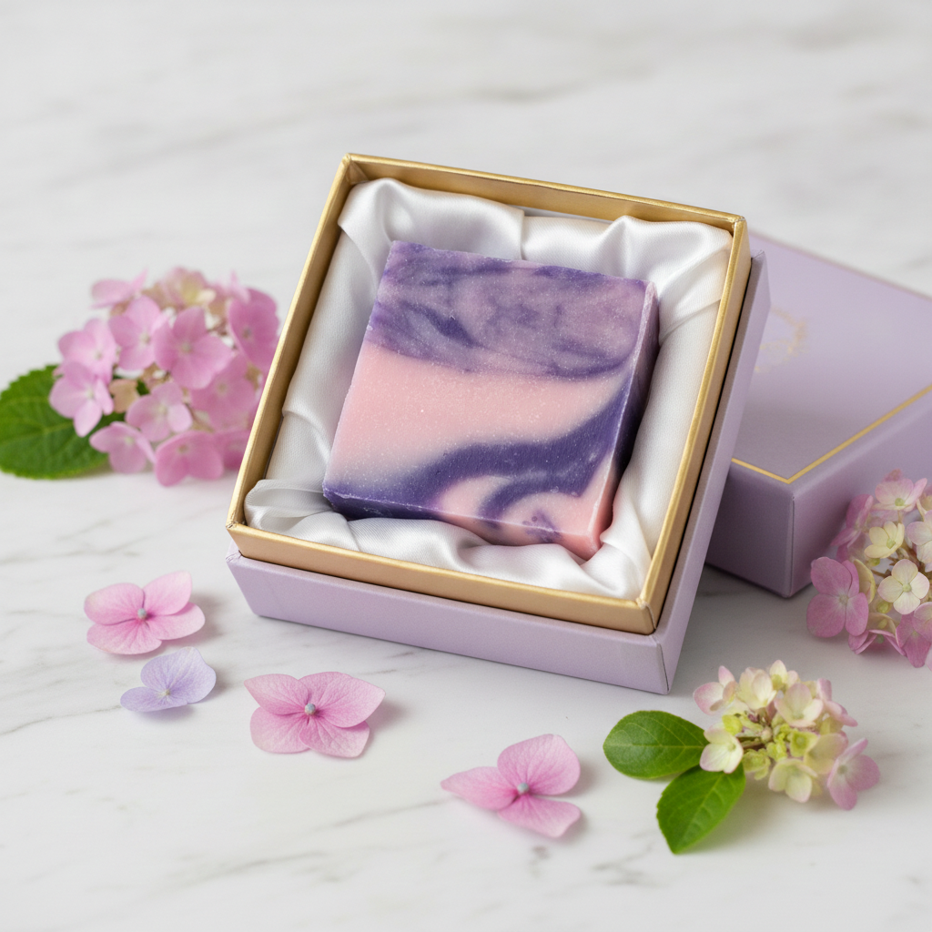 Hydrangea Soap Bar in a gift box with pink and purple hydrangea flowers on a marble surface.