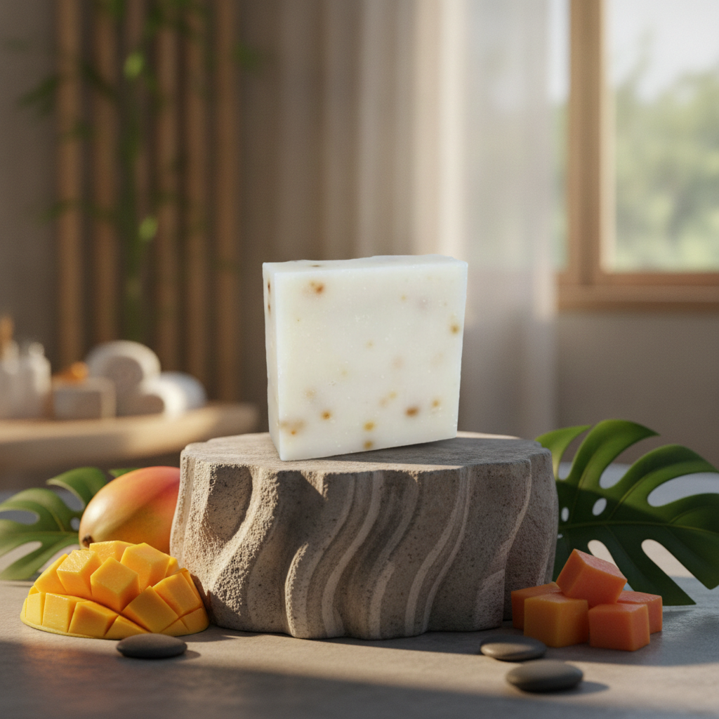 Mango Papaya Soap Bar on a stone pedestal with mango pieces, papaya, and tropical greenery.