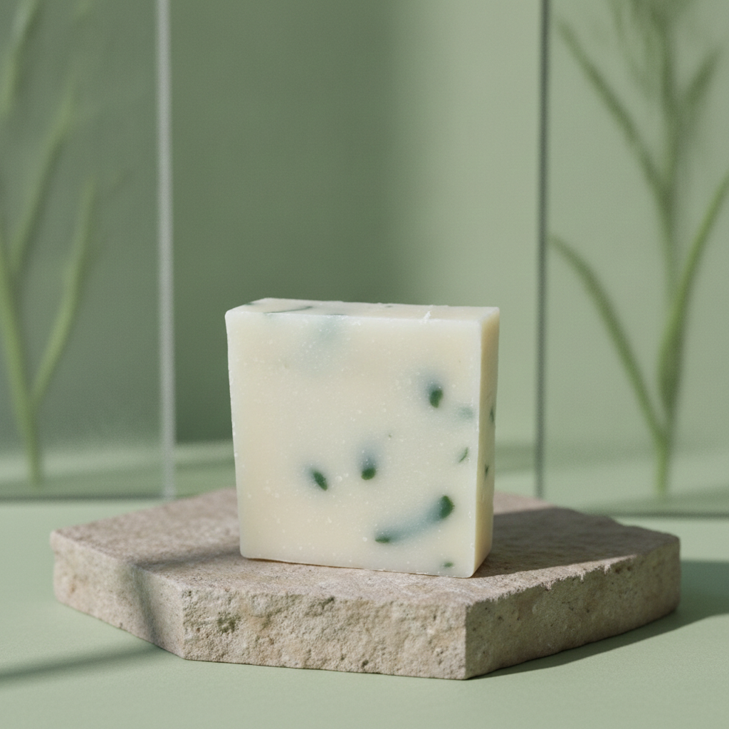 Limeade Soap Bar displayed on a stone slab against a soft green bathroom background.