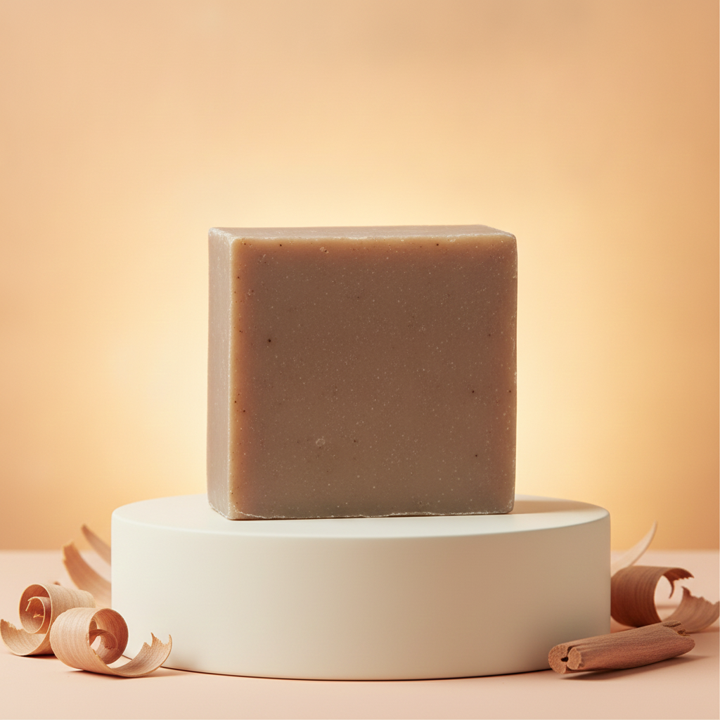 Sandalwood Soap Bar on a white pedestal with sandalwood curls and a warm golden background.