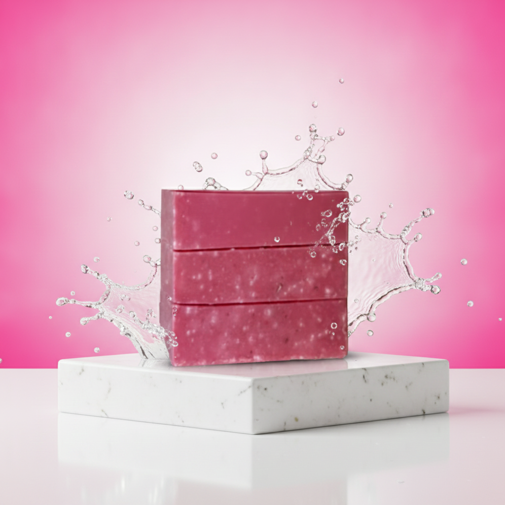 Stacked Spring Breeze Scrub Soap Bars on a white marble pedestal with water splash styling.