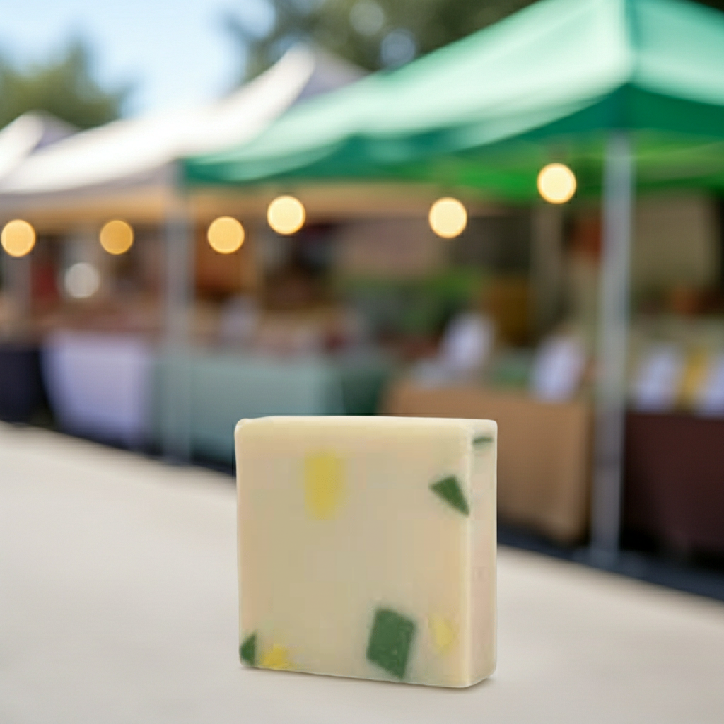 Mercado Verde handmade soap bar styled in front of an open-air market backdrop with a fresh botanical feel