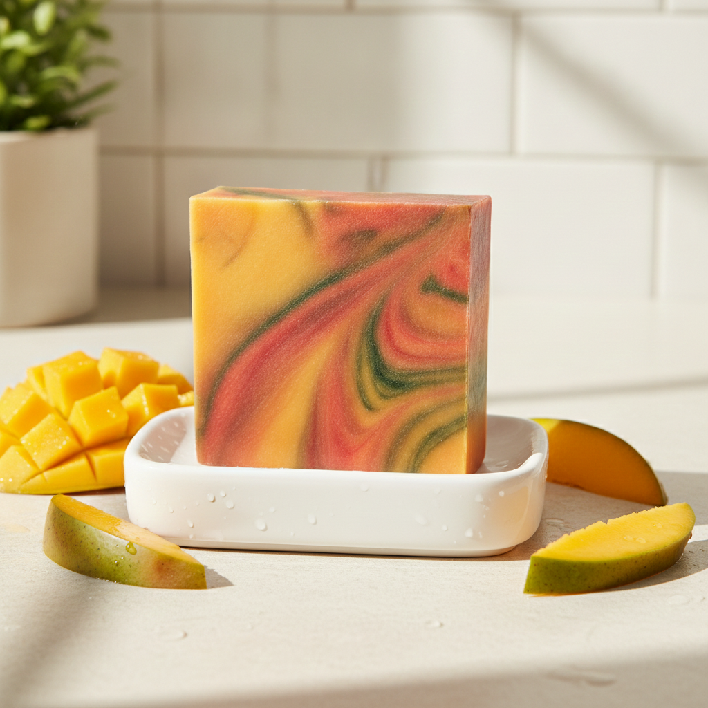 Mango Delight Soap Bar in a white dish with sliced mango and mango cubes in a bright bathroom setting.
