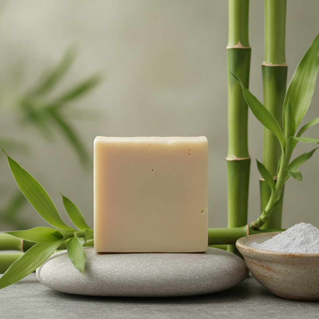 Bamboo Mud Soap Bar on a smooth stone with bamboo stalks, bamboo leaves, and a bowl of clay.