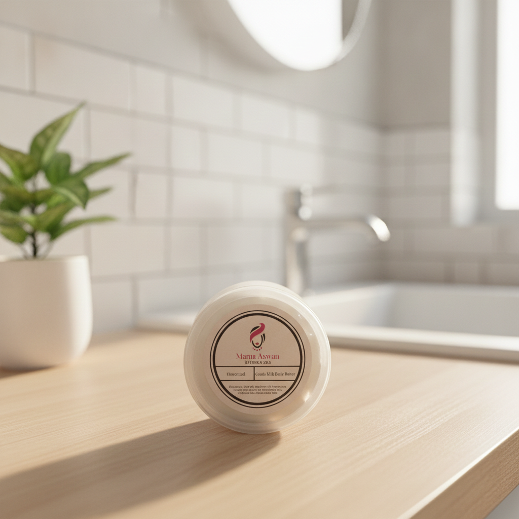 Unscented Goat’s Milk Body Butter on a light wood bathroom counter beside a sink and green plant.