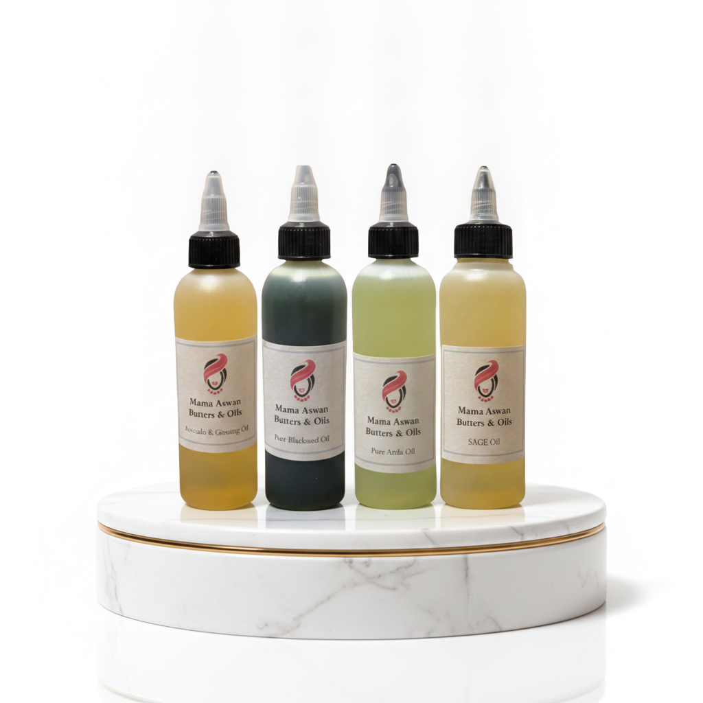 Four 4 oz Scalp Oil bottles displayed on a white marble pedestal.