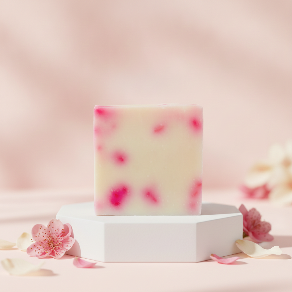 Asian Tea Blossom Soap Bar on a white pedestal with pink blossoms and petals around it.